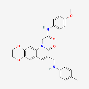 molecular formula C28H27N3O5 B2553823 N-(4-methoxyphenyl)-2-(8-{[(4-methylphenyl)amino]methyl}-7-oxo-2H,3H,6H,7H-[1,4]dioxino[2,3-g]quinolin-6-yl)acetamide CAS No. 894554-29-1
