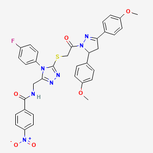 molecular formula C35H30FN7O6S B2553997 N-{[5-({2-[3,5-bis(4-methoxyphenyl)-4,5-dihydro-1H-pyrazol-1-yl]-2-oxoethyl}sulfanyl)-4-(4-fluorophenyl)-4H-1,2,4-triazol-3-yl]methyl}-4-nitrobenzamide CAS No. 393582-96-2