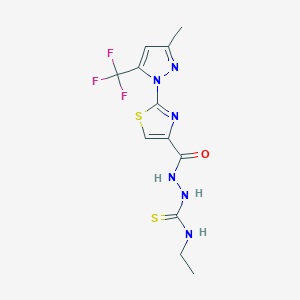 molecular formula C12H13F3N6OS2 B2554047 N-ethyl-2-({2-[3-methyl-5-(trifluoromethyl)-1H-pyrazol-1-yl]-1,3-thiazol-4-yl}carbonyl)-1-hydrazinecarbothioamide CAS No. 956625-81-3