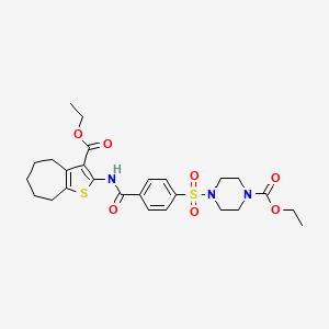 molecular formula C26H33N3O7S2 B2554209 ethyl 4-((4-((3-(ethoxycarbonyl)-5,6,7,8-tetrahydro-4H-cyclohepta[b]thiophen-2-yl)carbamoyl)phenyl)sulfonyl)piperazine-1-carboxylate CAS No. 398999-76-3