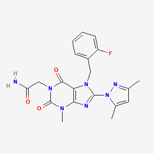 molecular formula C20H20FN7O3 B2554351 2-(8-(3,5-dimethyl-1H-pyrazol-1-yl)-7-(2-fluorobenzyl)-3-methyl-2,6-dioxo-2,3,6,7-tetrahydro-1H-purin-1-yl)acetamide CAS No. 1013970-25-6