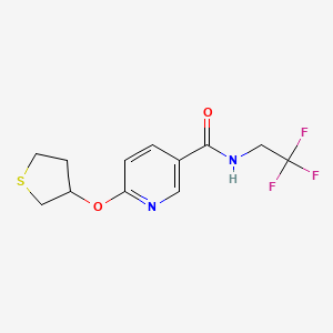 molecular formula C12H13F3N2O2S B2554353 6-((tetrahydrothiophen-3-yl)oxy)-N-(2,2,2-trifluoroethyl)nicotinamide CAS No. 2034432-50-1
