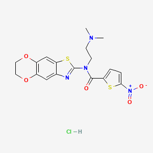 molecular formula C18H19ClN4O5S2 B2554370 N-(6,7-dihydro-[1,4]dioxino[2',3':4,5]benzo[1,2-d]thiazol-2-yl)-N-(2-(dimethylamino)ethyl)-5-nitrothiophene-2-carboxamide hydrochloride CAS No. 1321715-09-6