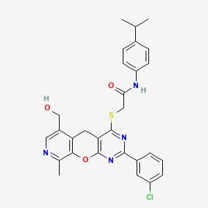 molecular formula C29H27ClN4O3S B2554375 2-((2-(3-chlorophenyl)-6-(hydroxymethyl)-9-methyl-5H-pyrido[4',3':5,6]pyrano[2,3-d]pyrimidin-4-yl)thio)-N-(4-isopropylphenyl)acetamide CAS No. 892386-60-6