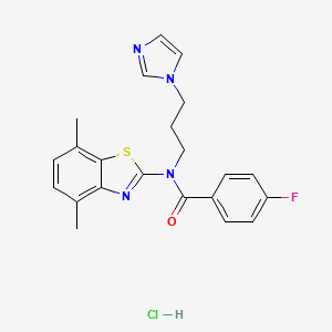 molecular formula C22H22ClFN4OS B2554399 N-(3-(1H-imidazol-1-yl)propyl)-N-(4,7-dimethylbenzo[d]thiazol-2-yl)-4-fluorobenzamide hydrochloride CAS No. 1216484-25-1
