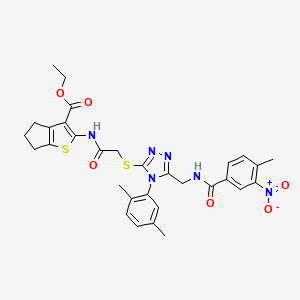 molecular formula C31H32N6O6S2 B2554410 ethyl 2-(2-{[4-(2,5-dimethylphenyl)-5-{[(4-methyl-3-nitrophenyl)formamido]methyl}-4H-1,2,4-triazol-3-yl]sulfanyl}acetamido)-4H,5H,6H-cyclopenta[b]thiophene-3-carboxylate CAS No. 393850-30-1