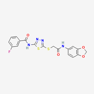 molecular formula C18H13FN4O4S2 B2554424 N-(5-((2-(benzo[d][1,3]dioxol-5-ylamino)-2-oxoethyl)thio)-1,3,4-thiadiazol-2-yl)-3-fluorobenzamide CAS No. 868973-81-3
