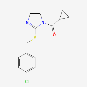 molecular formula C14H15ClN2OS B2554438 [2-[(4-Chlorophenyl)methylsulfanyl]-4,5-dihydroimidazol-1-yl]-cyclopropylmethanone CAS No. 851801-47-3