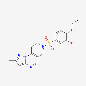 molecular formula C18H19FN4O3S B2554471 7-((4-Ethoxy-3-fluorophenyl)sulfonyl)-2-methyl-6,7,8,9-tetrahydropyrazolo[1,5-a]pyrido[3,4-e]pyrimidine CAS No. 1797204-10-4