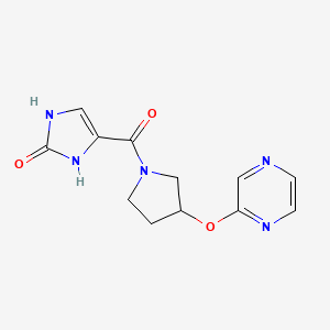 molecular formula C12H13N5O3 B2554481 4-(3-(pyrazin-2-yloxy)pyrrolidine-1-carbonyl)-1H-imidazol-2(3H)-one CAS No. 2034396-22-8
