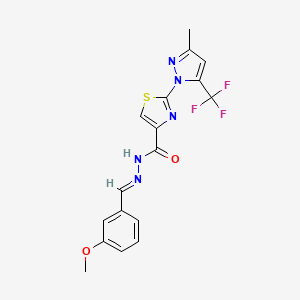molecular formula C17H14F3N5O2S B2554688 N'-[(1E)-(3-methoxyphenyl)methylidene]-2-[3-methyl-5-(trifluoromethyl)-1H-pyrazol-1-yl]-1,3-thiazole-4-carbohydrazide CAS No. 956266-21-0