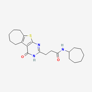 molecular formula C21H29N3O2S B2554695 N-cycloheptyl-3-(3-oxo-8-thia-4,6-diazatricyclo[7.5.0.02,7]tetradeca-1(9),2(7),5-trien-5-yl)propanamide CAS No. 950345-57-0