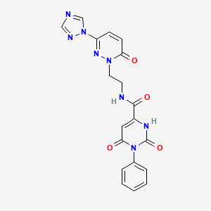 molecular formula C19H16N8O4 B2554796 2,6-dioxo-N-(2-(6-oxo-3-(1H-1,2,4-triazol-1-yl)pyridazin-1(6H)-yl)ethyl)-1-phenyl-1,2,3,6-tetrahydropyrimidine-4-carboxamide CAS No. 1448037-40-8