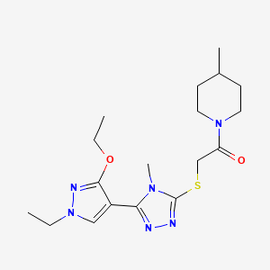 molecular formula C18H28N6O2S B2554826 2-((5-(3-ethoxy-1-ethyl-1H-pyrazol-4-yl)-4-methyl-4H-1,2,4-triazol-3-yl)thio)-1-(4-methylpiperidin-1-yl)ethanone CAS No. 1013777-19-9