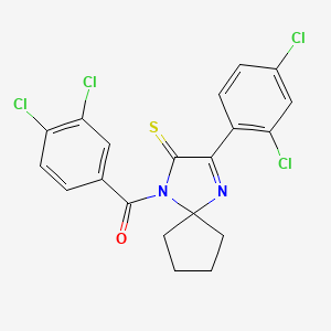 molecular formula C20H14Cl4N2OS B2555139 1-(3,4-Dichlorobenzoyl)-3-(2,4-dichlorophenyl)-1,4-diazaspiro[4.4]non-3-ene-2-thione CAS No. 899918-72-0