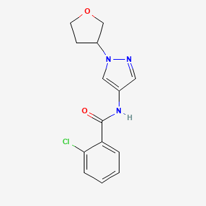 molecular formula C14H14ClN3O2 B2555154 2-chloro-N-(1-(tetrahydrofuran-3-yl)-1H-pyrazol-4-yl)benzamide CAS No. 1797638-39-1