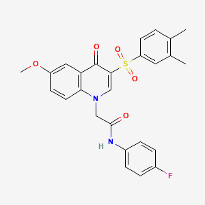 molecular formula C26H23FN2O5S B2555307 2-(3-((3,4-dimethylphenyl)sulfonyl)-6-methoxy-4-oxoquinolin-1(4H)-yl)-N-(4-fluorophenyl)acetamide CAS No. 866897-57-6