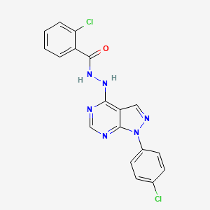 molecular formula C18H12Cl2N6O B2555329 2-chloro-N'-[1-(4-chlorophenyl)pyrazolo[3,4-d]pyrimidin-4-yl]benzohydrazide CAS No. 881073-37-6