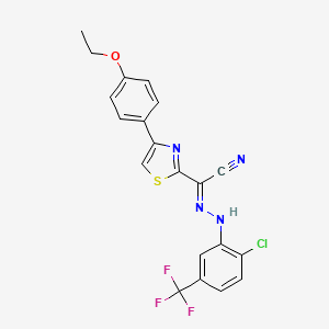molecular formula C20H14ClF3N4OS B2555379 (E)-N'-(2-chloro-5-(trifluoromethyl)phenyl)-4-(4-ethoxyphenyl)thiazole-2-carbohydrazonoyl cyanide CAS No. 1322034-76-3