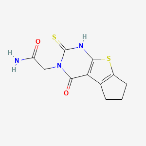 molecular formula C11H11N3O2S2 B2555400 2-(12-Oxo-10-sulfanylidene-7-thia-9,11-diazatricyclo[6.4.0.02,6]dodeca-1(8),2(6)-dien-11-yl)acetamide CAS No. 1155527-74-4