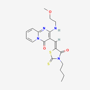 molecular formula C19H22N4O3S2 B2555427 (Z)-3-butyl-5-((2-((2-methoxyethyl)amino)-4-oxo-4H-pyrido[1,2-a]pyrimidin-3-yl)methylene)-2-thioxothiazolidin-4-one CAS No. 378223-23-5
