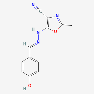 molecular formula C12H10N4O2 B2555443 (E)-5-(2-(4-hydroxybenzylidene)hydrazinyl)-2-methyloxazole-4-carbonitrile CAS No. 620586-59-6