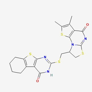 molecular formula C21H20N4O2S4 B2555458 2-(((2,3-二甲基-4-氧代-7,8-二氢-4H-噻唑并[3,2-a]噻吩并[3,2-e]嘧啶-8-基)甲硫基)-5,6,7,8-四氢苯并[4,5]噻吩并[2,3-d]嘧啶-4(3H)-酮 CAS No. 325693-58-1