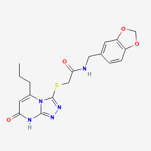molecular formula C18H19N5O4S B2555460 N-(benzo[d][1,3]dioxol-5-ylmethyl)-2-((7-oxo-5-propyl-7,8-dihydro-[1,2,4]triazolo[4,3-a]pyrimidin-3-yl)thio)acetamide CAS No. 895005-01-3