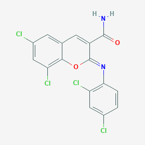 molecular formula C16H8Cl4N2O2 B2555464 (2Z)-6,8-dichloro-2-[(2,4-dichlorophenyl)imino]-2H-chromene-3-carboxamide CAS No. 670234-99-8