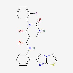 molecular formula C22H14FN5O3S B2555502 3-(2-fluorophenyl)-N-(2-(imidazo[2,1-b]thiazol-6-yl)phenyl)-2,4-dioxo-1,2,3,4-tetrahydropyrimidine-5-carboxamide CAS No. 1705235-71-7