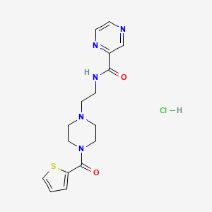 molecular formula C16H20ClN5O2S B2555556 N-(2-(4-(thiophene-2-carbonyl)piperazin-1-yl)ethyl)pyrazine-2-carboxamide hydrochloride CAS No. 1351611-54-5