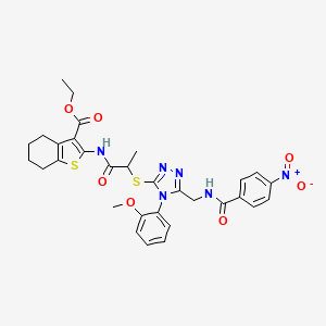 molecular formula C31H32N6O7S2 B2555568 ethyl 2-(2-{[4-(2-methoxyphenyl)-5-{[(4-nitrophenyl)formamido]methyl}-4H-1,2,4-triazol-3-yl]sulfanyl}propanamido)-4,5,6,7-tetrahydro-1-benzothiophene-3-carboxylate CAS No. 393814-94-3