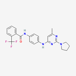 molecular formula C23H22F3N5O B2555593 N-(4-{[6-Methyl-2-(pyrrolidin-1-YL)pyrimidin-4-YL]amino}phenyl)-2-(trifluoromethyl)benzamide CAS No. 1251579-21-1