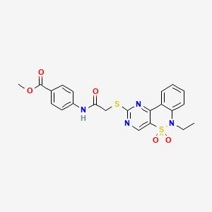 molecular formula C22H20N4O5S2 B2555970 methyl 4-[2-({9-ethyl-8,8-dioxo-8lambda6-thia-3,5,9-triazatricyclo[8.4.0.0^{2,7}]tetradeca-1(14),2(7),3,5,10,12-hexaen-4-yl}sulfanyl)acetamido]benzoate CAS No. 1115570-43-8