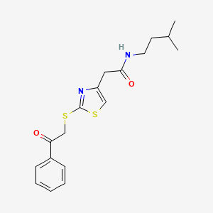 molecular formula C18H22N2O2S2 B2556281 N-isopentyl-2-(2-((2-oxo-2-phenylethyl)thio)thiazol-4-yl)acetamide CAS No. 1021069-69-1