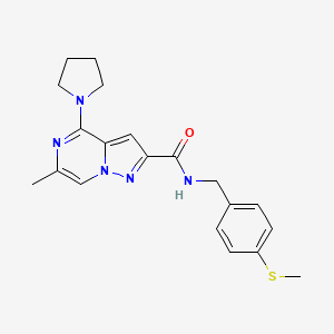 molecular formula C20H23N5OS B2556305 6-methyl-N-[4-(methylsulfanyl)benzyl]-4-(1-pyrrolidinyl)pyrazolo[1,5-a]pyrazine-2-carboxamide CAS No. 1775544-33-6