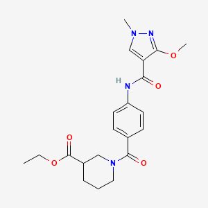 molecular formula C21H26N4O5 B2556338 ethyl 1-(4-(3-methoxy-1-methyl-1H-pyrazole-4-carboxamido)benzoyl)piperidine-3-carboxylate CAS No. 1226445-34-6
