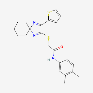 molecular formula C22H25N3OS2 B2556372 N-(3,4-dimethylphenyl)-2-((3-(thiophen-2-yl)-1,4-diazaspiro[4.5]deca-1,3-dien-2-yl)thio)acetamide CAS No. 1223915-26-1