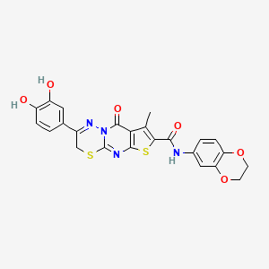 molecular formula C24H18N4O6S2 B2556432 N-(2,3-dihydro-1,4-benzodioxin-6-yl)-12-(3,4-dihydroxyphenyl)-4-methyl-2-oxo-6,10-dithia-1,8,13-triazatricyclo[7.4.0.03,7]trideca-3(7),4,8,12-tetraene-5-carboxamide CAS No. 872197-89-2