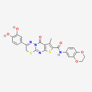 molecular formula C24H18N4O6S2 B2556432 N-(2,3-dihydrobenzo[b][1,4]dioxin-6-yl)-2-(3,4-dihydroxyphenyl)-8-methyl-9-oxo-3,9-dihydrothieno[2',3':4,5]pyrimido[2,1-b][1,3,4]thiadiazine-7-carboxamide CAS No. 872197-89-2