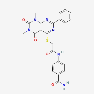 molecular formula C23H20N6O4S B2556441 4-(2-((6,8-Dimethyl-5,7-dioxo-2-phenyl-5,6,7,8-tetrahydropyrimido[4,5-d]pyrimidin-4-yl)thio)acetamido)benzamide CAS No. 872627-57-1