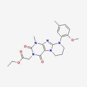 molecular formula C21H25N5O5 B2556444 ethyl 2-(9-(2-methoxy-5-methylphenyl)-1-methyl-2,4-dioxo-1,2,6,7,8,9-hexahydropyrimido[2,1-f]purin-3(4H)-yl)acetate CAS No. 923408-62-2