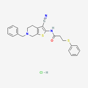 molecular formula C24H24ClN3OS2 B2556540 盐酸N-(6-苄基-3-氰基-4,5,6,7-四氢噻吩并[2,3-c]吡啶-2-基)-3-(苯硫基)丙酰胺 CAS No. 1216738-39-4