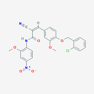 B2556580 (Z)-3-[4-[(2-Chlorophenyl)methoxy]-3-methoxyphenyl]-2-cyano-N-(2-methoxy-4-nitrophenyl)prop-2-enamide CAS No. 380477-84-9