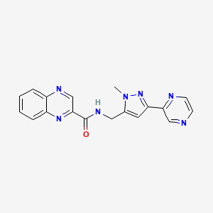 molecular formula C18H15N7O B2556590 N-((1-methyl-3-(pyrazin-2-yl)-1H-pyrazol-5-yl)methyl)quinoxaline-2-carboxamide CAS No. 2034456-85-2