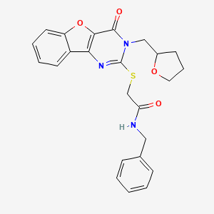 molecular formula C24H23N3O4S B2556732 N-benzyl-2-({6-oxo-5-[(oxolan-2-yl)methyl]-8-oxa-3,5-diazatricyclo[7.4.0.0^{2,7}]trideca-1(9),2(7),3,10,12-pentaen-4-yl}sulfanyl)acetamide CAS No. 899755-09-0