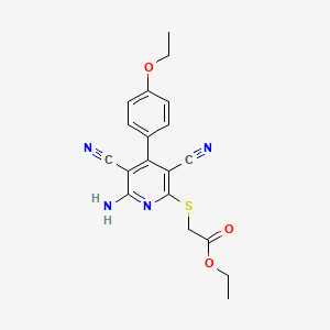 molecular formula C19H18N4O3S B2556774 ethyl 2-{[6-amino-3,5-dicyano-4-(4-ethoxyphenyl)pyridin-2-yl]sulfanyl}acetate CAS No. 361477-85-2