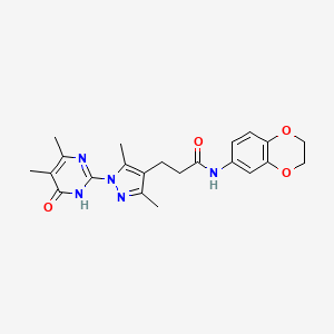 molecular formula C22H25N5O4 B2556940 N-(2,3-dihydrobenzo[b][1,4]dioxin-6-yl)-3-(1-(4,5-dimethyl-6-oxo-1,6-dihydropyrimidin-2-yl)-3,5-dimethyl-1H-pyrazol-4-yl)propanamide CAS No. 1173053-94-5