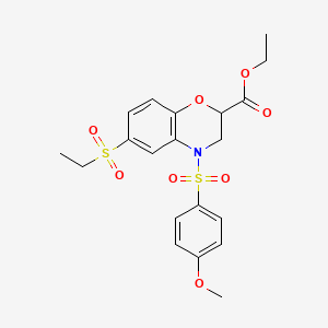 molecular formula C20H23NO8S2 B2557190 ethyl 6-(ethylsulfonyl)-4-[(4-methoxyphenyl)sulfonyl]-3,4-dihydro-2H-1,4-benzoxazine-2-carboxylate CAS No. 866050-91-1