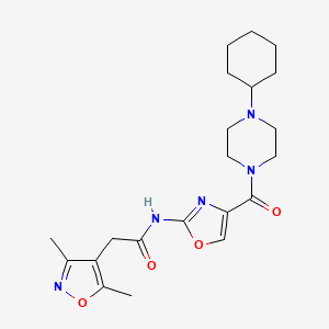molecular formula C21H29N5O4 B2557193 N-(4-(4-cyclohexylpiperazine-1-carbonyl)oxazol-2-yl)-2-(3,5-dimethylisoxazol-4-yl)acetamide CAS No. 1797060-21-9
